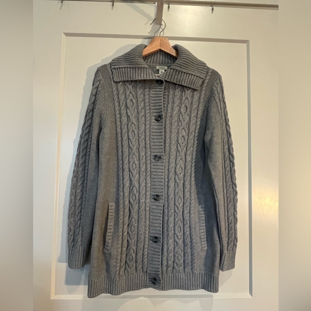 Vtg LL Bean gray cable knit shawl collar fisherman cottagecore cardigan sz M